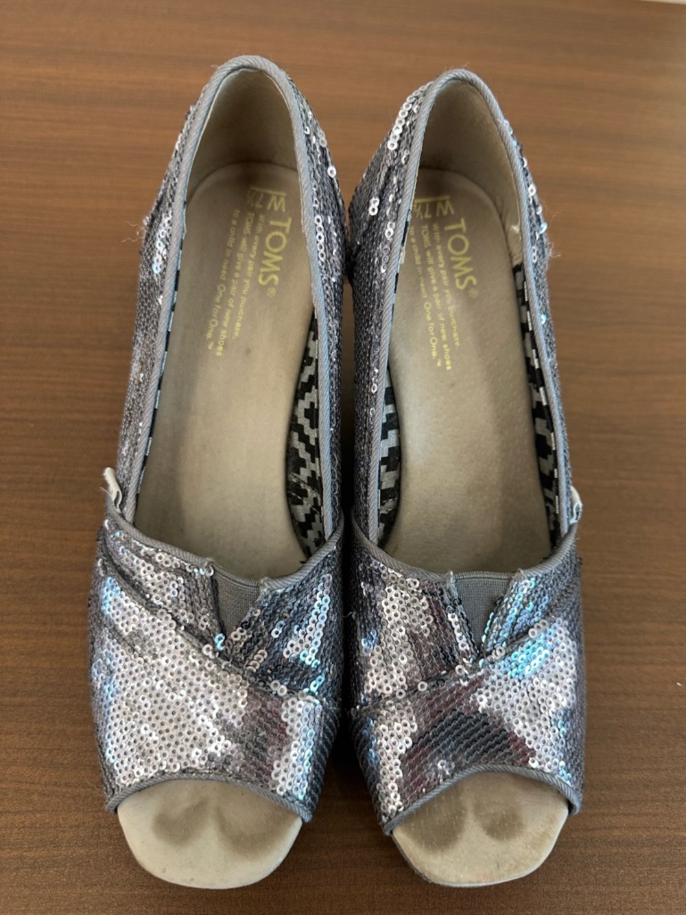 TOMS Women’s Sequin Peep Toe Flats in Silver